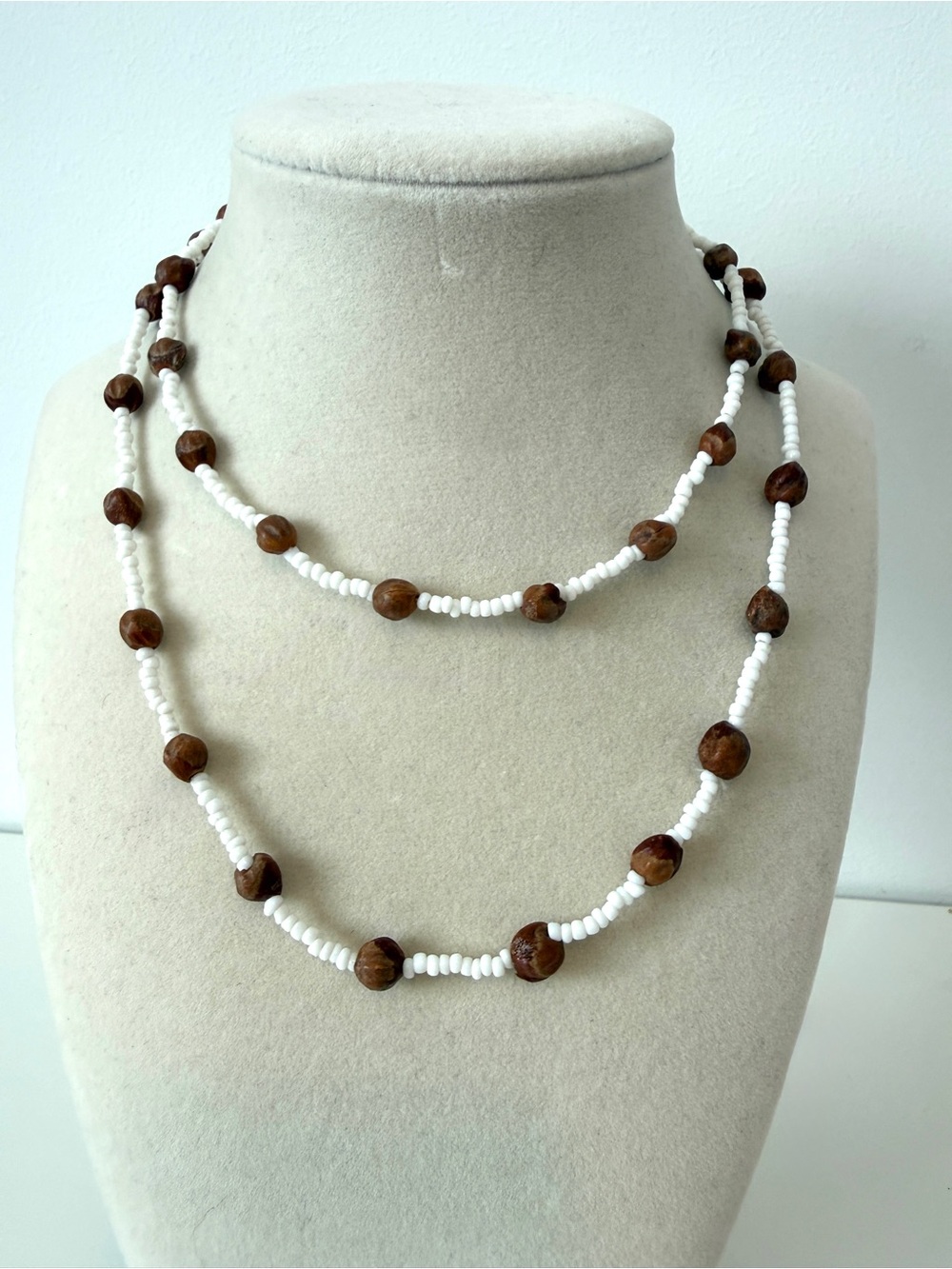 Handmade White and Brown Beaded Layered Necklace